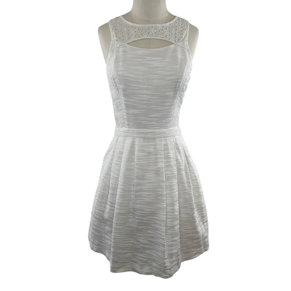 Ali Ra White Cotton Eyelet Cutout Crochet Sleeveless Fit Flare Short Dress 4 S